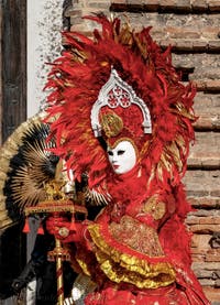 The parade of people in costume at the 2026 Venice Carnival in Campo San Lorenzo.