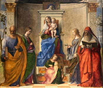 Giovanni Bellini, Altarpiece Madonna with Child and Saints, Holy Conversation with the Musician Angel, Church of San Zaccaria in Venice