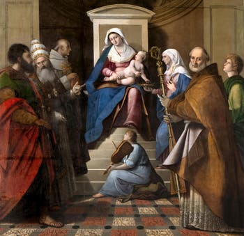 Jacopo Palma Il Vecchio, Madonna and Child between St. Bernard, Gregory the Great, St. Paul, St. Elizabeth, St. Benedict and St. Placide with a Musician Angel at the feet of the Virgin, in the Chapel of Sant'Atanasio (St. Athanasius) of the Church of San Zaccaria in Venice