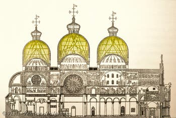 Saint-Mark Basilica's plan section of the domes and the timber structure of the cupolas