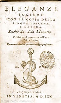 Book printed by Aldo Manuzio in Venice with his mark logo of a dolfin and an anchor