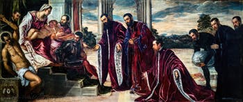 Tintoretto, The Madonna of the Treasurers with the Virgin and Child and Saints Sebastian, Mark and Theodore, three chamberlains and their secretaries, at the Accademia Galleries in Venice, Italy