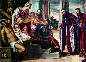 Tintoretto, The Madonna of the Treasurers with the Virgin and Child and Saints Sebastian, Mark and Theodore, three chamberlains and their secretaries, at the Accademia Galleries in Venice, Italy