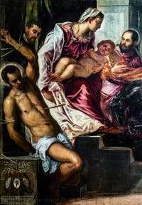 Tintoretto, The Madonna of the Treasurers with the Virgin and Child and Saints Sebastian, Mark and Theodore, three chamberlains and their secretaries, at the Accademia Galleries in Venice, Italy