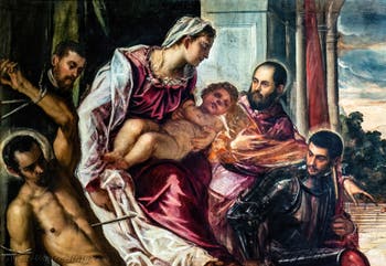 Tintoretto, The Madonna of the Treasurers with the Virgin and Child and Saints Sebastian, Mark and Theodore, three chamberlains and their secretaries, at the Accademia Galleries in Venice, Italy