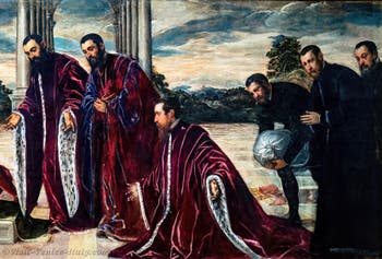 Tintoretto, The Madonna of the Treasurers with the Virgin and Child and Saints Sebastian, Mark and Theodore, three chamberlains and their secretaries, at the Accademia Galleries in Venice, Italy