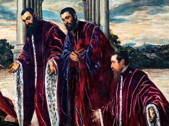 Tintoretto, The Madonna of the Treasurers with the Virgin and Child and Saints Sebastian, Mark and Theodore, three chamberlains and their secretaries, at the Accademia Galleries in Venice, Italy