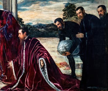 Tintoretto, The Madonna of the Treasurers with the Virgin and Child and Saints Sebastian, Mark and Theodore, three chamberlains and their secretaries, at the Accademia Galleries in Venice, Italy