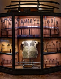 Katanas, armour and spears at the Ca' Pesaro Museum of Oriental Art in Venice, Italy