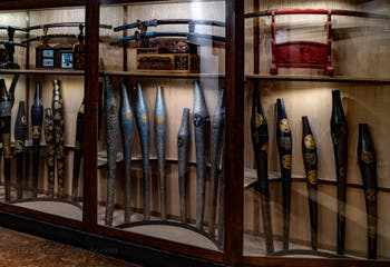 Japanese katanas and carrying cases at the Ca' Pesaro Museum of Oriental Art in Venice, Italy