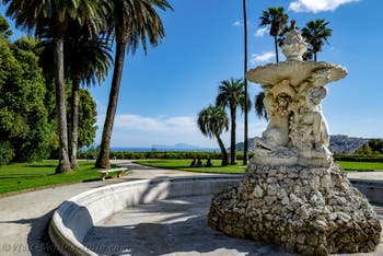 The fountain at the Capodimonte Royal Palace’s belvedere and the view over the Bay of Naples