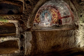 Fresco of Heleunisius, Catacombs of San Gennaro in Naples, Italy