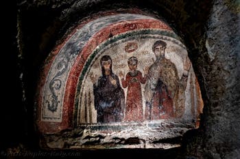 Fresco of the tomb of Theotecnus, Hilaritas and Nonnosa, Catacombs of San Gennaro in Naples, Italy