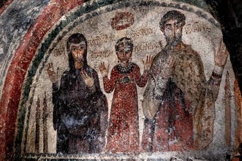Fresco of the tomb of Theotecnus, Hilaritas and Nonnosa, Catacombs of San Gennaro in Naples, Italy