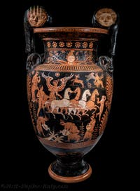 Apulian Volute Krater, red-figure, Apotheosis of Hercules, scene of a Dionysian komos, Galleria d’Italia Zevallos, Naples, Italy