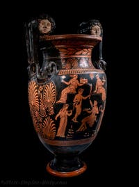 Apulian Volute Krater, red-figure, Apotheosis of Hercules, scene of a Dionysian komos, Galleria d’Italia Zevallos, Naples, Italy