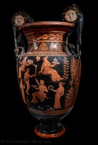Apulian Volute Krater, red-figure, Apotheosis of Hercules, scene of a Dionysian komos, Galleria d’Italia Zevallos, Naples, Italy