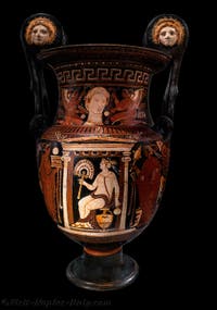 Volute Krater, Deceased woman within the naiskos, flanked by worshippers and women on either side of a funerary stele, Galleria d’Italia Zevallos, Naples, Italy