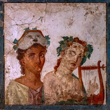 Fresco Actor and zither player, Herculaneum, Basilica-Theatre, Archaeological Museum of Naples