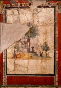 Landscape fresco depicting sacred buildings, Boscoreale, Villa of Agrippa Postumo, Archaeological Museum of Naples