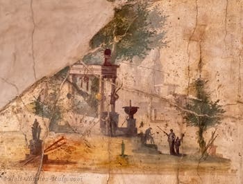 Landscape fresco depicting sacred buildings, Boscoreale, Villa of Agrippa Postumo, Archaeological Museum of Naples