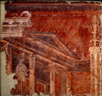 Mural depicting a building with a tympanum, Herculaneum, Augusteum, Archaeological Museum of Naples