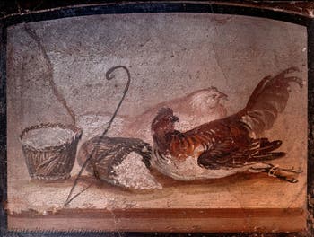 Fresco Chicken, hen and baskets, Pompeii, Archaeological Museum of Naples