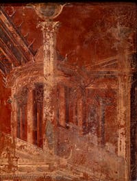 Circular temple fresco on a red background, Herculaneum, Augusteum, Archaeological Museum of Naples