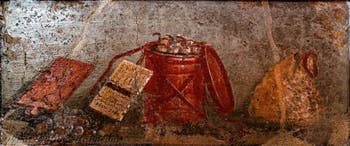 Fresco depicting writing and accounting instruments, Pompeii, Archaeological Museum of Naples