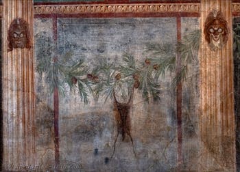 Mural depicting tragic masks and columns, Pompeii, House of the Scholars, Archaeological Museum of Naples