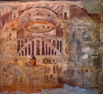 Fresco Bloody brawl in the amphitheatre, Pompeii, Casa della Rissa nell'Anfiteatro, Archaeological Museum of Naples
