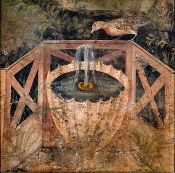 Fresco depicting a fountain in a garden with a bird, Pompeii, Archaeological Museum of Naples