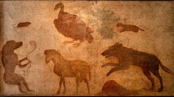Fresco of the Nile Deities, the baboon, the snake, the ram, the vulture, the mole, the mongoose and the dog or jackal, Pompeii, Temple of Isis, Sacrarium, Archaeological Museum of Naples
