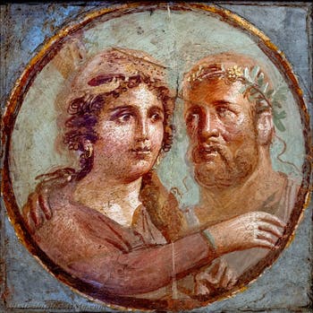 Fresco of Hercules and Omphale with the lion skin on his head, Vesuvian Area, Archaeological Museum of Naples