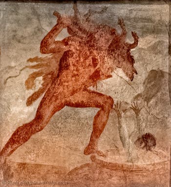 Fresco depicting Hercules bringing the Erymanthian boar to Eurystheus in a pot, Herculaneum, Augusteum, Archaeological Museum of Naples