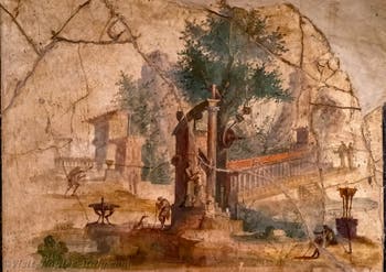 Mural depicting an idyllic and sacred landscape, Boscoreale, Villa di Agrippa, Archaeological Museum of Naples