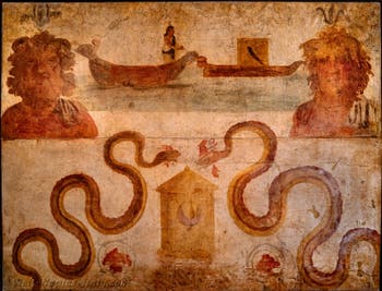 Fresco of Isis pulling the boat carrying the body of Osiris, Pompeii, Temple of Isis, Archaeological Museum of Naples