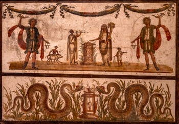 Fresco of the Lares gods and snakes, Pompeii, Archaeological Museum of Naples