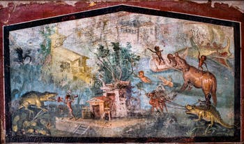 Fresco Nilotic scene with pygmies, Pompeii, Casa del Medico, Archaeological Museum of Naples