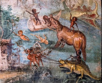 Fresco Nilotic scene with pygmies, Pompeii, Casa del Medico, Archaeological Museum of Naples