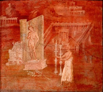 Fresco depicting an offering to the statue of Harpocrates, Pompeii, Temple of Isis, Porticus, Archaeological Museum of Naples