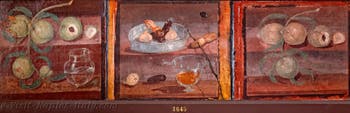 Fresco Peaches, dates, figs, and gold and silver coins, Herculaneum, Casa dei Cervi, Archaeological Museum of Naples