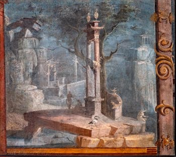 Mural depicting the Sacred Gate, temples and ibises, Pompeii, Temple of Isis, Archaeological Museum of Naples