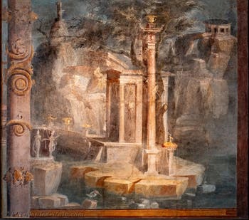 Mural depicting the Sacred Gate, a temple and a kingfisher, Pompeii, Temple of Isis, Archaeological Museum of Naples