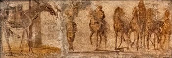 Fresco depicting a ithyphallic mule and quadriga, Pompeii, Praedia di Giulia Felice, Archaeological Museum of Naples