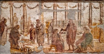 Fresco depicting the sale of kitchen utensils and shoes, Pompeii, Praedia di Giulia Felice, Archaeological Museum of Naples