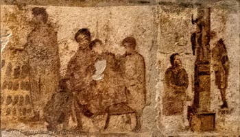 Fresco depicting shoe sales, scribe and statue, Pompeii, Praedia di Giulia Felice, Archaeological Museum of Naples