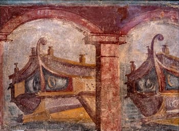 Mural depicting ship prows, Pompeii, Insula Occidentalis, Archaeological Museum of Naples