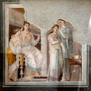Fresco Dressing the priestess, Herculaneum, Palestra, Archaeological Museum of Naples