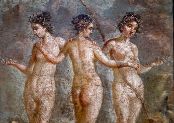 Fresco, The Three Graces, the Charites Aglaia, Euphrosyne and Thalia, Pompeii, House of Titus Dentatius Panthera, Archaeological Museum of Naples